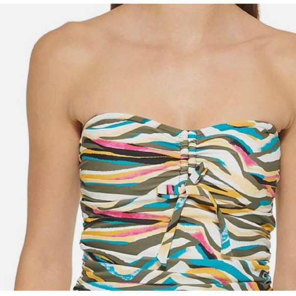 DKNY Women's Printed Bandeau Bow Tankini Top Swimsuit Green Size Medium NWT - Picture 2 of 4